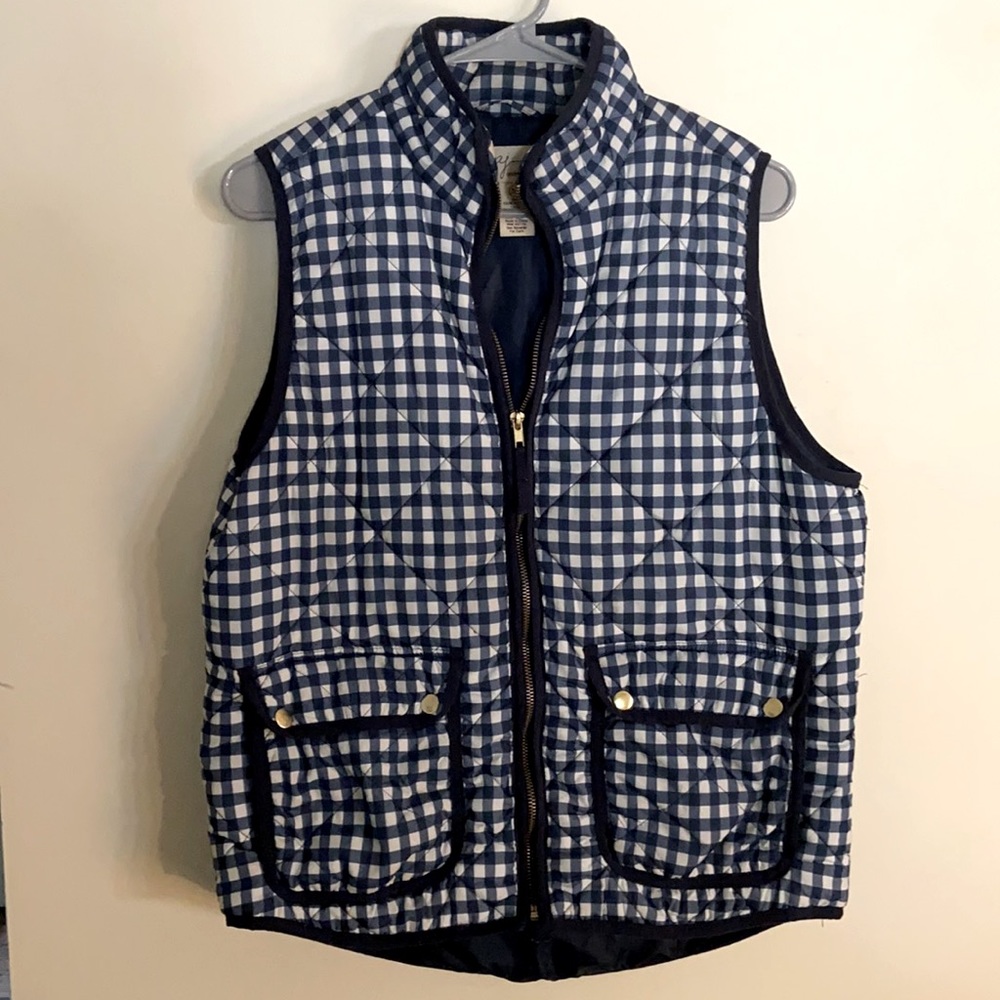Blue and white plaid vest
